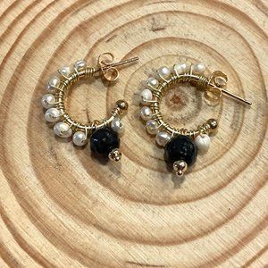 Gold Hoop Earrings with White Pearls and Black Bead Accent